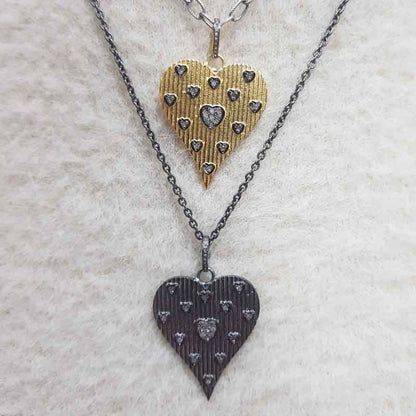 Yellow And Black Beautiful Designer Heart With Little Pave Hearts Pendant, Mini Hearts Necklace, Silver Jewelry, Gift For Girlfriend