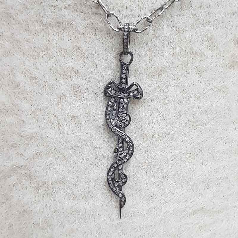 Black Beautiful Snake Designed Pave Diamond Sterling Silver Pendant, Gift For Her, Halloween Gift