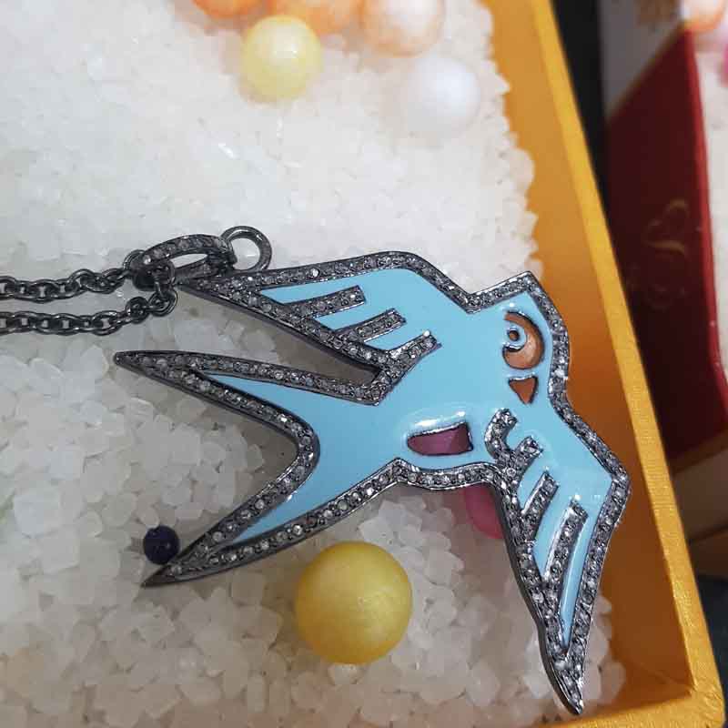 Turquoise Enamel Stylish Bird Pendant, Stylish Bird Necklace, Gift For Her, Him