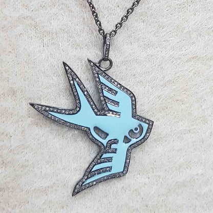 Turquoise Enamel Stylish Bird Pendant, Stylish Bird Necklace, Gift For Her, Him