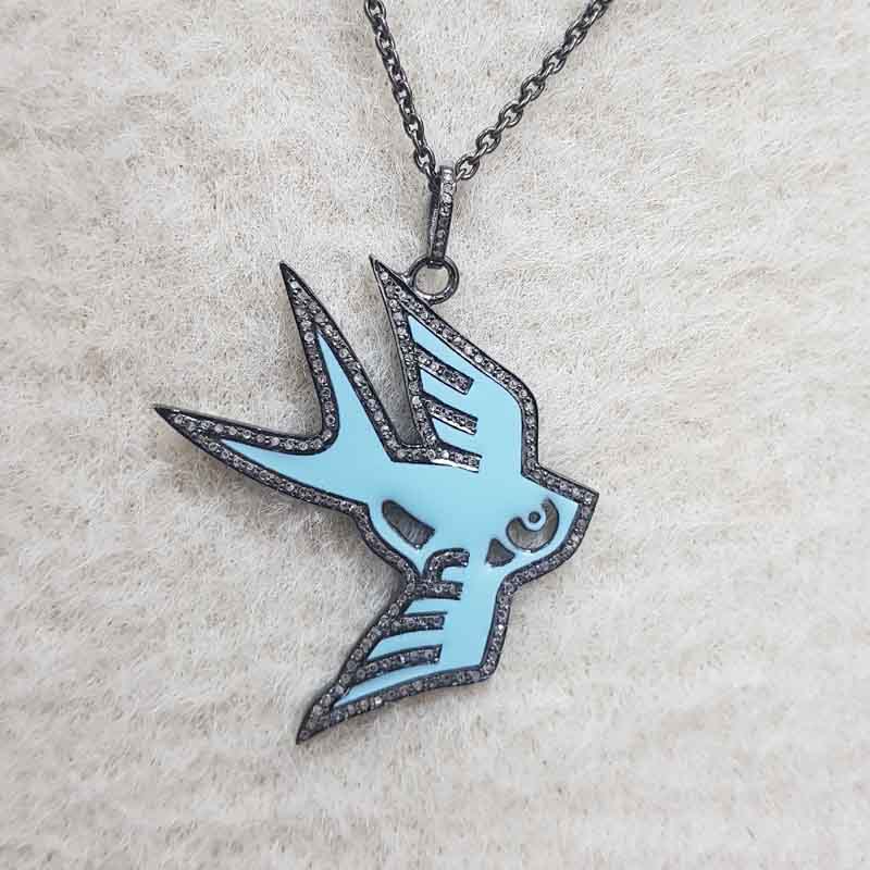 Turquoise Enamel Stylish Bird Pendant, Stylish Bird Necklace, Gift For Her, Him