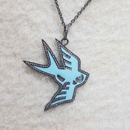 Turquoise Enamel Stylish Bird Pendant, Stylish Bird Necklace, Gift For Her, Him