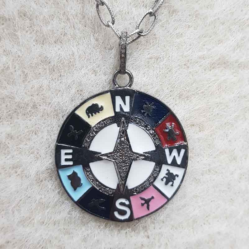 Direction Based Pave Diamond Round Disk Multi Charm With Enamel Pendant, Gift For Special One