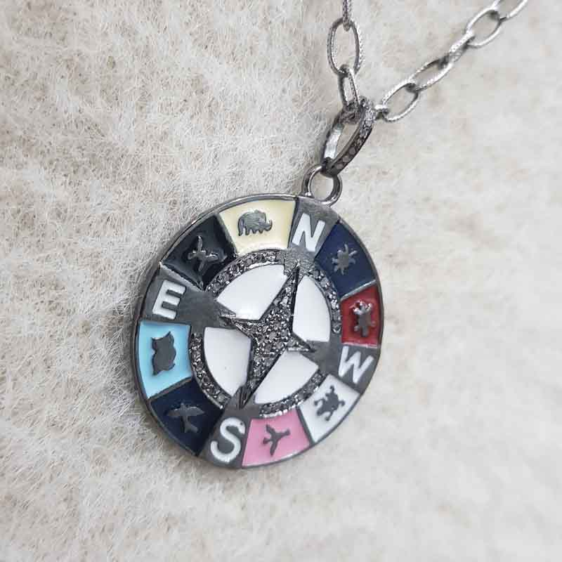 Direction Based Pave Diamond Round Disk Multi Charm With Enamel Pendant, Gift For Special One