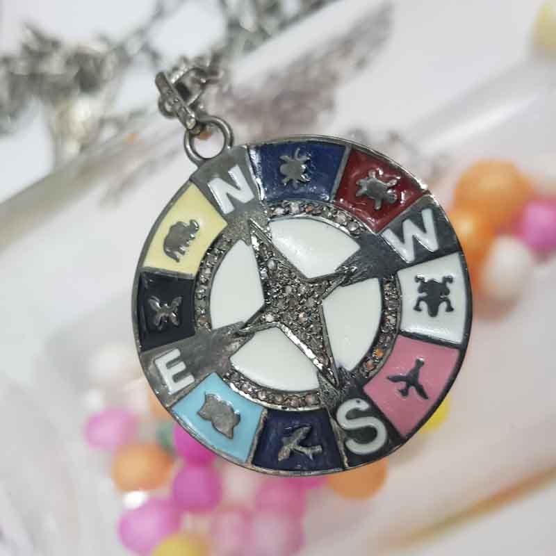 Direction Based Pave Diamond Round Disk Multi Charm With Enamel Pendant, Gift For Special One