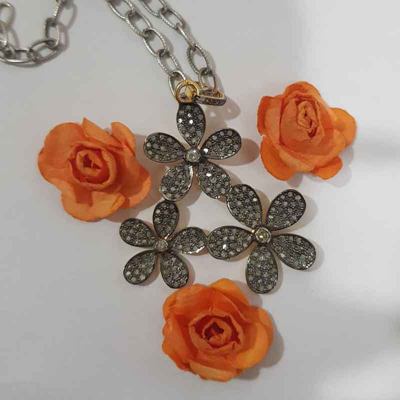 Handmade Designer Beautiful Flower Style Pave Diamond Pendant, Many Flower Joint Necklace, Gift For Favorite One