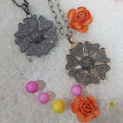 Fully Pave Diamond Setting Joined Heart Style Flower Pendant, Antique Design Flower Necklace, Gift For Beautiful One