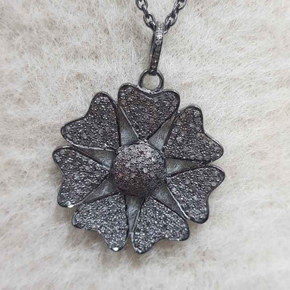 Fully Pave Diamond Setting Joined Heart Style Flower Pendant, Antique Design Flower Necklace, Gift For Beautiful One