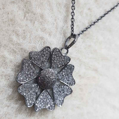 Fully Pave Diamond Setting Joined Heart Style Flower Pendant, Antique Design Flower Necklace, Gift For Beautiful One