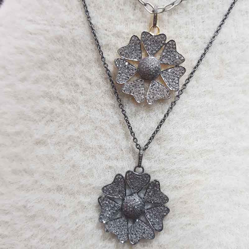 Fully Pave Diamond Setting Joined Heart Style Flower Pendant, Antique Design Flower Necklace, Gift For Beautiful One