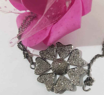 Fully Pave Diamond Setting Joined Heart Style Flower Pendant, Antique Design Flower Necklace, Gift For Beautiful One