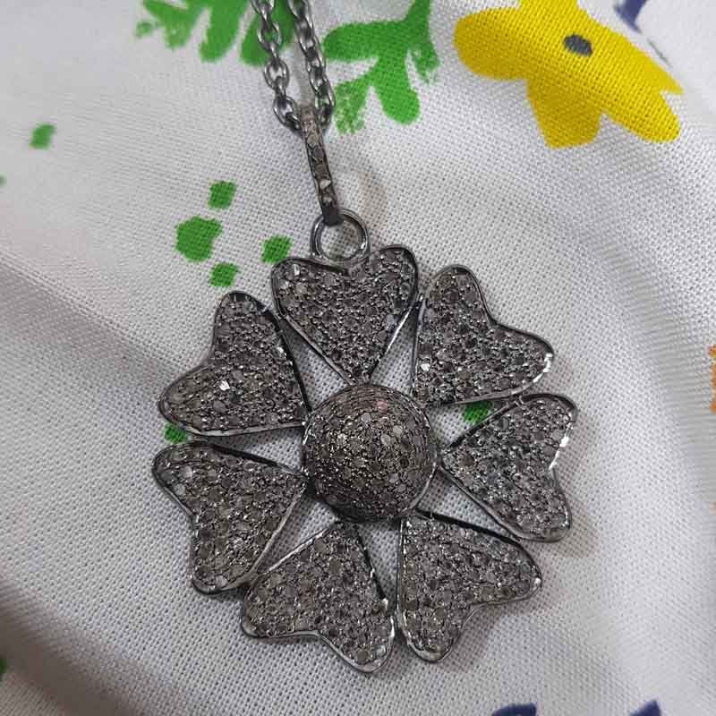 Fully Pave Diamond Setting Joined Heart Style Flower Pendant, Antique Design Flower Necklace, Gift For Beautiful One