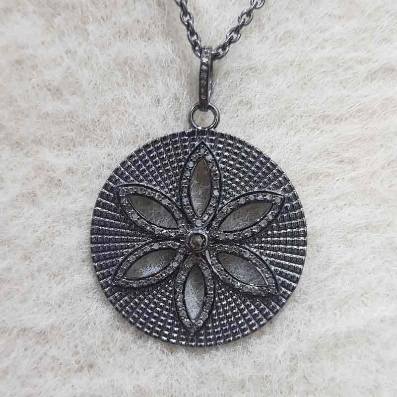 Round With Flower Style Beautiful Pave Diamond Handmade Fancy Pendant, Silver Jewelry