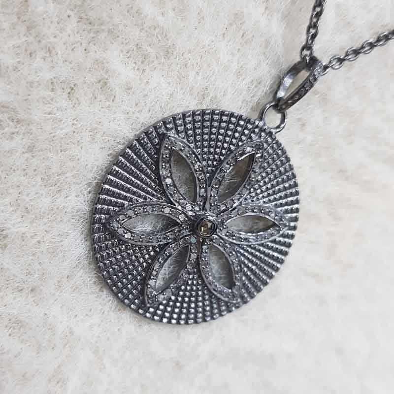 Round With Flower Style Beautiful Pave Diamond Handmade Fancy Pendant, Silver Jewelry