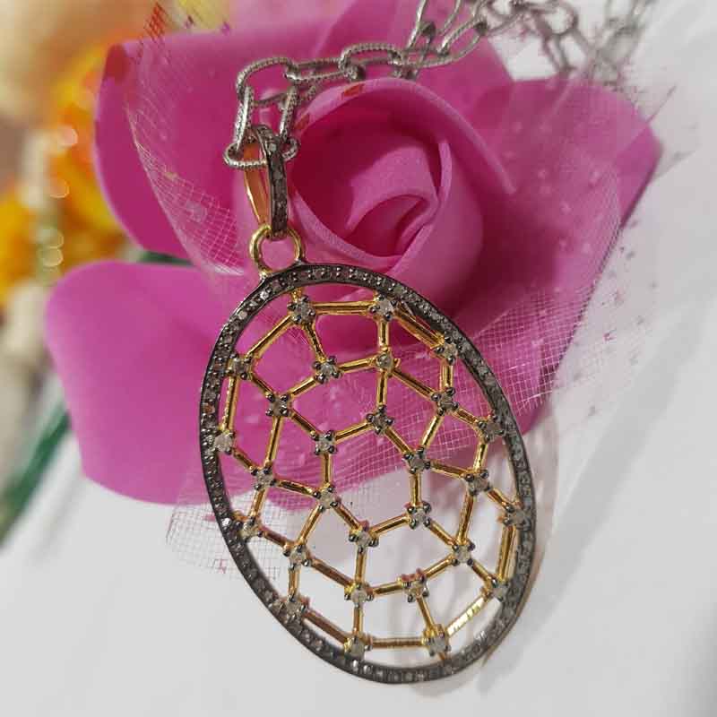 Oval Shaped Fancy Designer Pave Diamond Pendant, Fancy Stylish Shape Necklace, Silver Jewelry, Gift For Lover