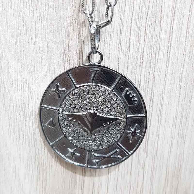 Pave Diamond Round Disk Pendant With Multi Charm, Gift For Special One, Silver Jewelry