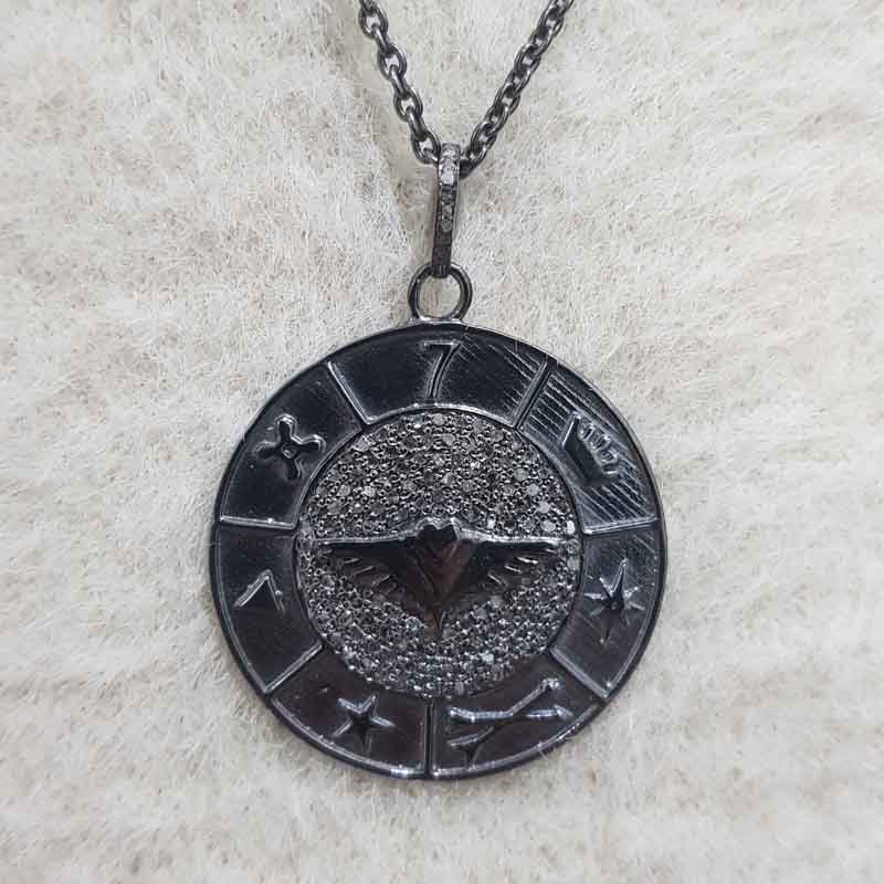 Pave Diamond Round Disk Pendant With Multi Charm, Gift For Special One, Silver Jewelry