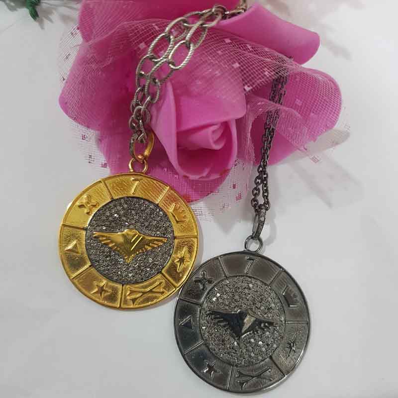 Pave Diamond Round Disk Pendant With Multi Charm, Gift For Special One, Silver Jewelry