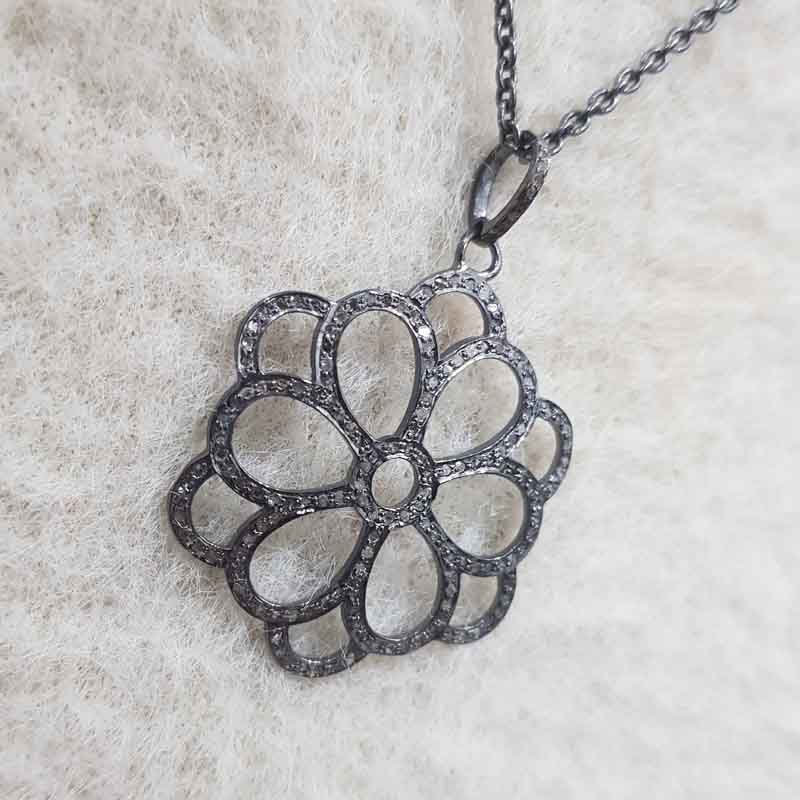 Fancy Style Pave Diamond Flower Designed Pendant, 925 Sterling Silver Jewelry, Gift For Girl