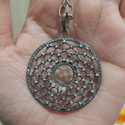 Round Designer Pave Diamond Fancy Pendant, Unique Style Fancy Necklace, Silver Jewelry