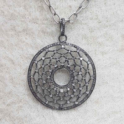 Round Designer Pave Diamond Fancy Pendant, Unique Style Fancy Necklace, Silver Jewelry