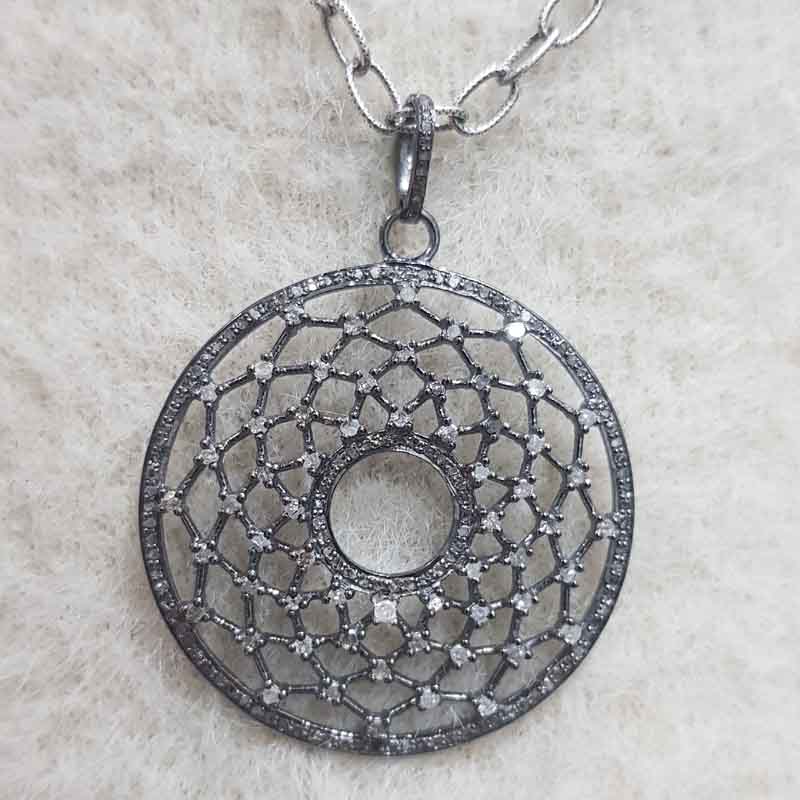 Round Designer Pave Diamond Fancy Pendant, Unique Style Fancy Necklace, Silver Jewelry