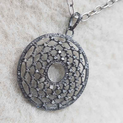 Round Designer Pave Diamond Fancy Pendant, Unique Style Fancy Necklace, Silver Jewelry