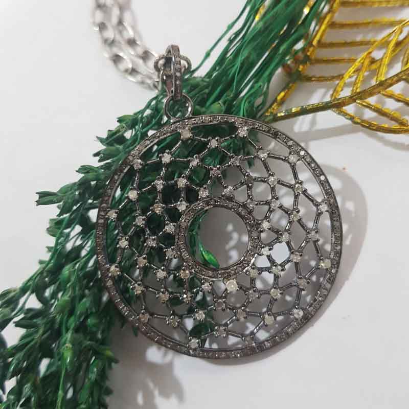 Round Designer Pave Diamond Fancy Pendant, Unique Style Fancy Necklace, Silver Jewelry