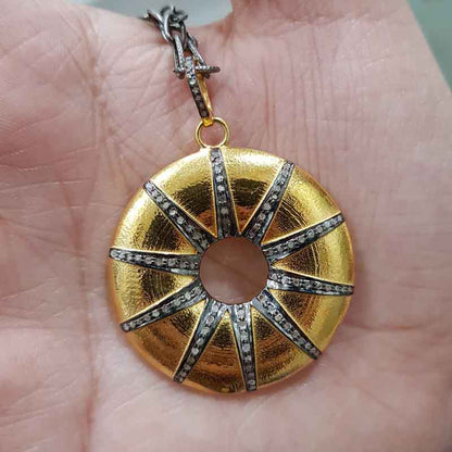 Yellow Round Sunburst Pendant With Pave Layers, Antique Sunburst Necklace, Gift For Her, Him