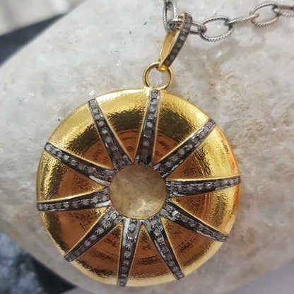 Yellow Round Sunburst Pendant With Pave Layers, Antique Sunburst Necklace, Gift For Her, Him