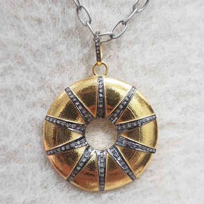 Yellow Round Sunburst Pendant With Pave Layers, Antique Sunburst Necklace, Gift For Her, Him