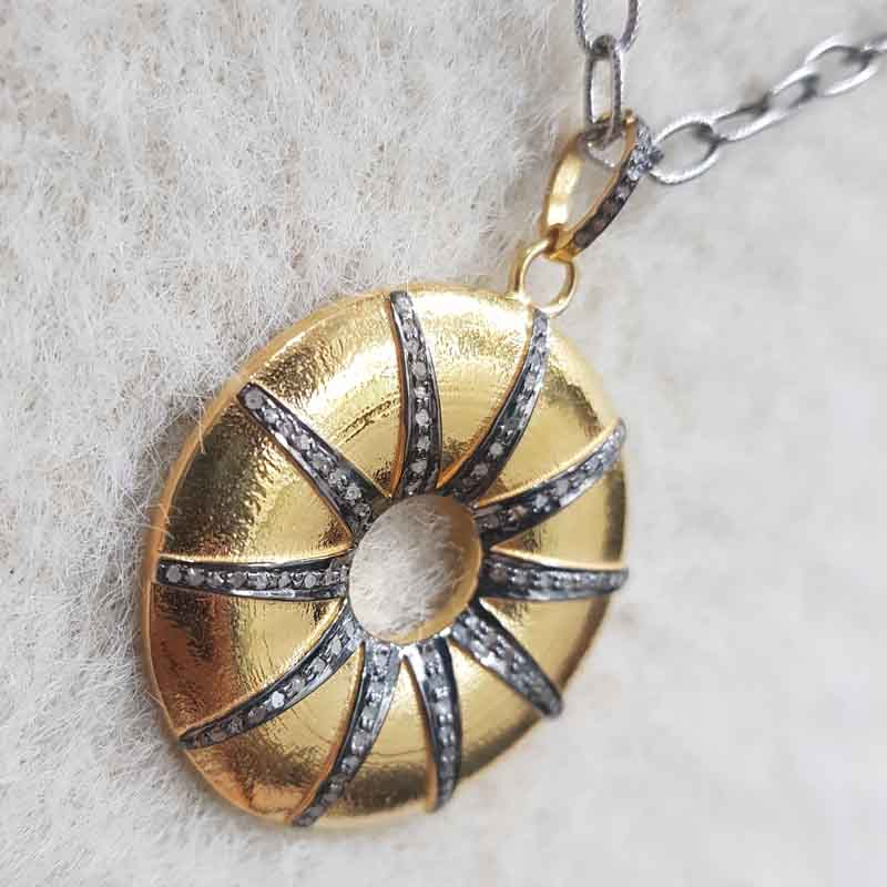 Yellow Round Sunburst Pendant With Pave Layers, Antique Sunburst Necklace, Gift For Her, Him