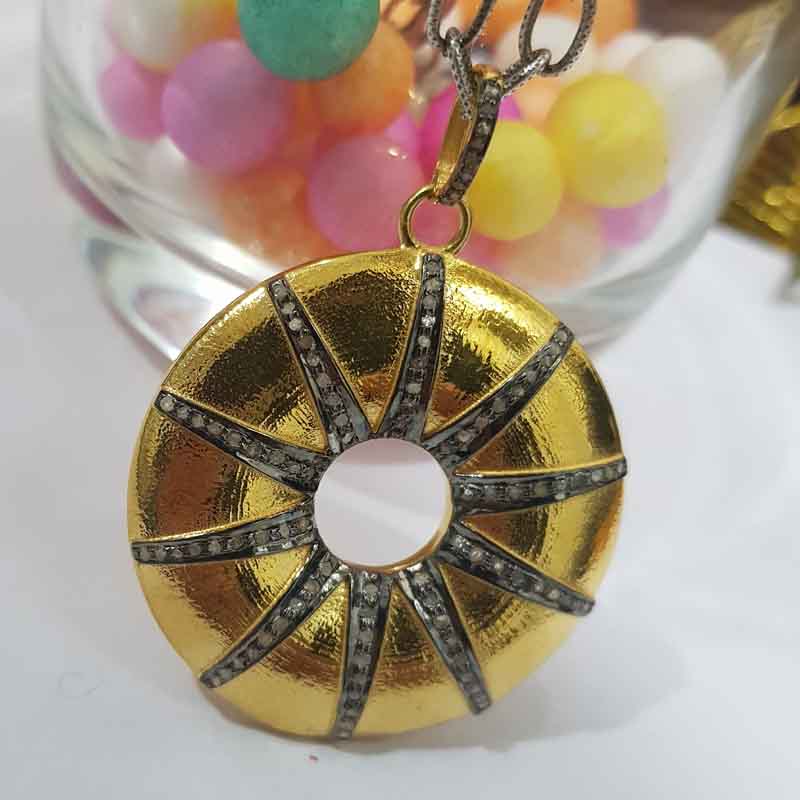 Yellow Round Sunburst Pendant With Pave Layers, Antique Sunburst Necklace, Gift For Her, Him