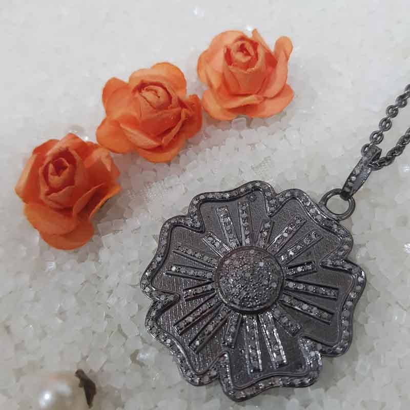 Gorgeous Black Flower Pendant With Pave Layers, Mothers Day Gift, Gift For Mom