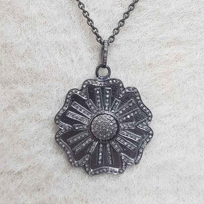 Gorgeous Black Flower Pendant With Pave Layers, Mothers Day Gift, Gift For Mom