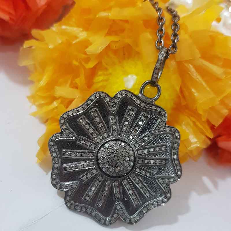 Gorgeous Black Flower Pendant With Pave Layers, Mothers Day Gift, Gift For Mom