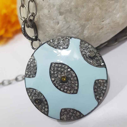 Turquoise Enamel Evil Eye Designer Pave Diamond Round Pendant, Personalized Gift For Love, Wedding, Promise Gift