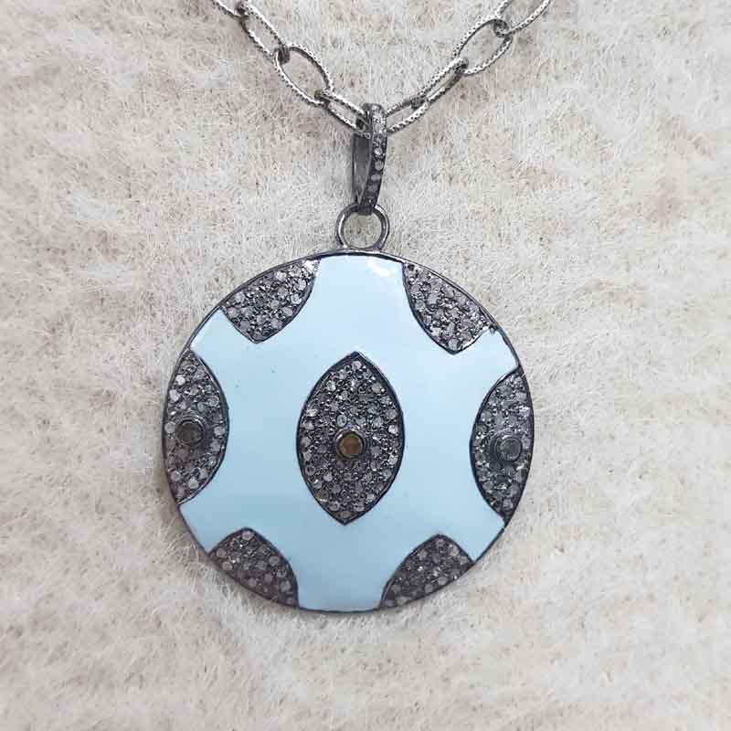 Turquoise Enamel Evil Eye Designer Pave Diamond Round Pendant, Personalized Gift For Love, Wedding, Promise Gift