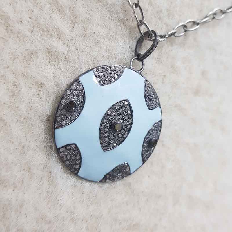 Turquoise Enamel Evil Eye Designer Pave Diamond Round Pendant, Personalized Gift For Love, Wedding, Promise Gift