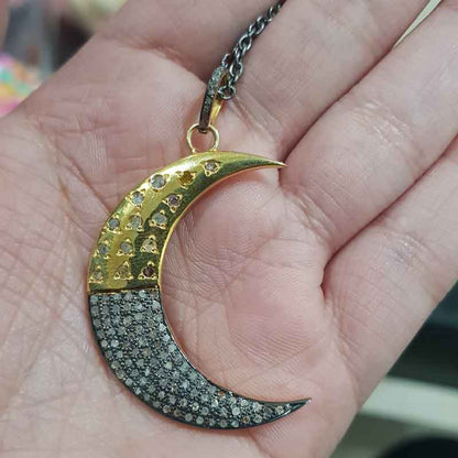 Handmade Designer Two Tone Pave Diamond Moon Pendant, Gift For Best One, Silver Jewelry