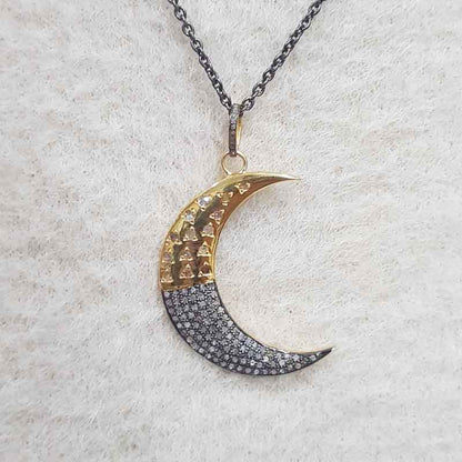 Handmade Designer Two Tone Pave Diamond Moon Pendant, Gift For Best One, Silver Jewelry