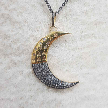 Handmade Designer Two Tone Pave Diamond Moon Pendant, Gift For Best One, Silver Jewelry