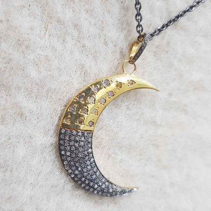 Handmade Designer Two Tone Pave Diamond Moon Pendant, Gift For Best One, Silver Jewelry