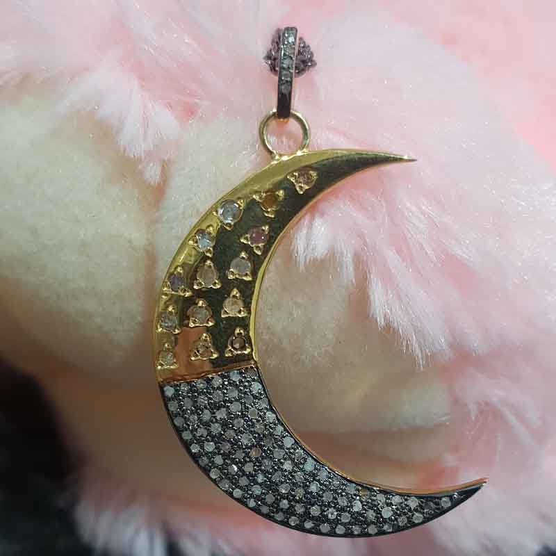 Handmade Designer Two Tone Pave Diamond Moon Pendant, Gift For Best One, Silver Jewelry