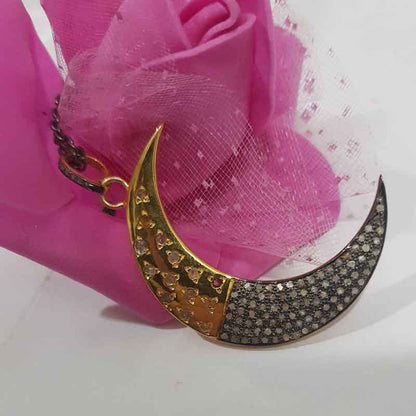 Handmade Designer Two Tone Pave Diamond Moon Pendant, Gift For Best One, Silver Jewelry