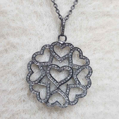 Joined Heart Flower Style Pendent With Pave Layers, Shiny Heart Necklace, Silver Jewelry