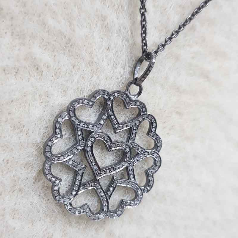 Joined Heart Flower Style Pendent With Pave Layers, Shiny Heart Necklace, Silver Jewelry