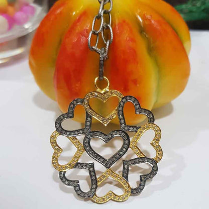 Joined Heart Flower Style Pendent With Pave Layers, Shiny Heart Necklace, Silver Jewelry