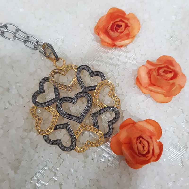 Joined Heart Flower Style Pendent With Pave Layers, Shiny Heart Necklace, Silver Jewelry