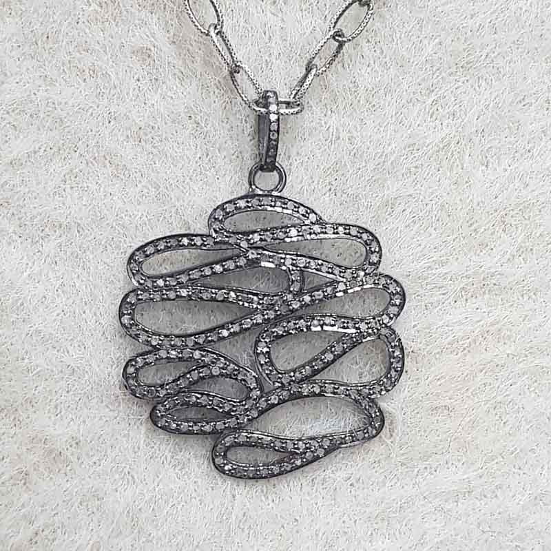 Zigzag Style Natural Pave Diamond Silver Pendant, Unique Stylish Necklace, Gift For Mom